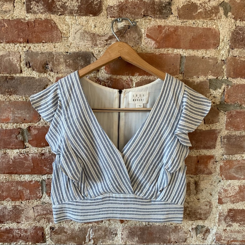 LOST & WANDER V-Neck Striped Ruffle Crop Top Small